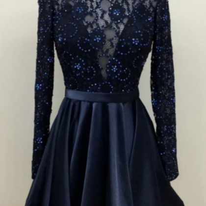Sassy Wedding Dark Blue Lace Short Prom Dress,..