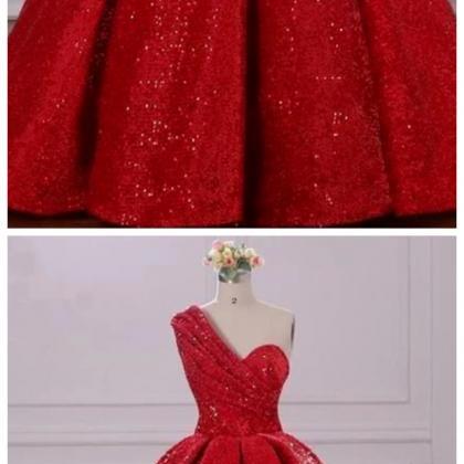 Sassy Wedding Ball Gown One Shoulder Sequins Red..