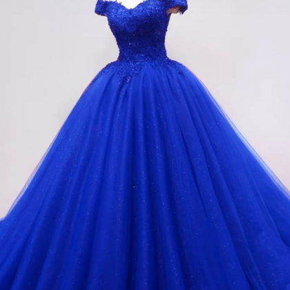 Sassy Wedding Royal Blue Tulle Ball Gown Appliques..