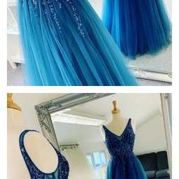 V Neck Tulle Beads Long Prom Dress, Blue Evening..