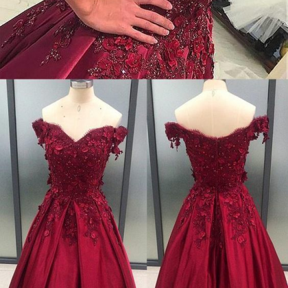 Charming Wine Red Appliques Prom Dress, Formal Off..