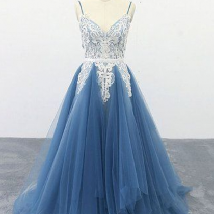 V Neck Tulle Lace Blue Long Prom Dress, A-Line Blue Lace Long Sweet 16 Dress main image 0