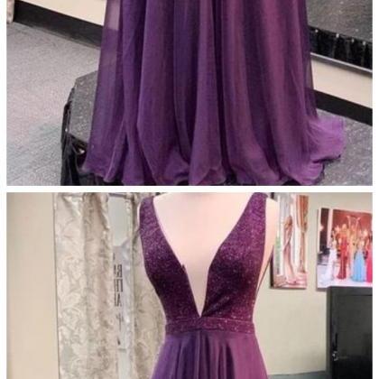 A Line V-neckline Grape Prom Dress