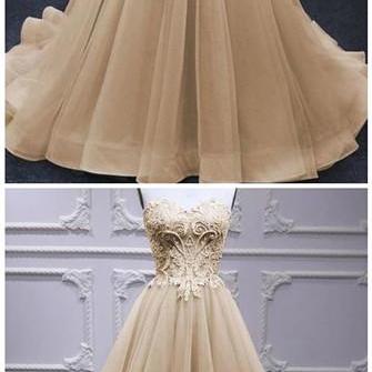 Sweetheart Champagne Tulle A Line Beaded Long Lace..