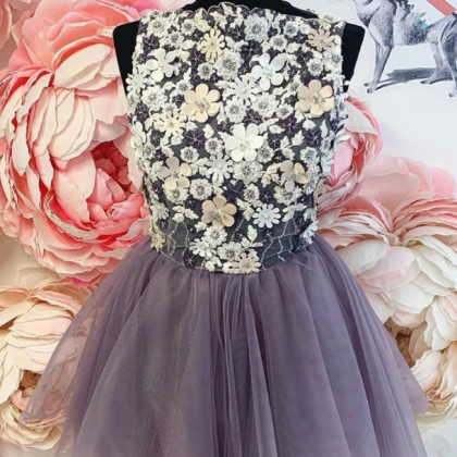 Cute Brown Tulle Homecoming Dress With Flowers