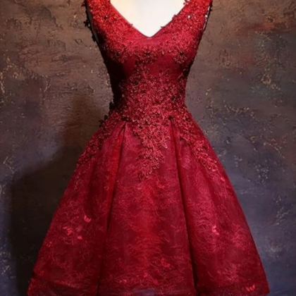 Wine Red Short Lace Cute Homecoming Dress,..