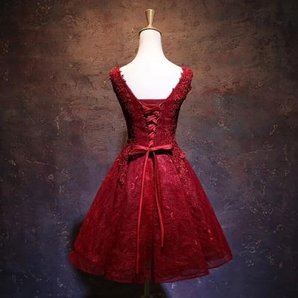 Wine Red Short Lace Cute Homecoming Dress,..
