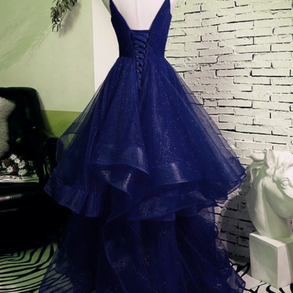 Charming Spaghetti Strps Navy Blue Prom Dress..