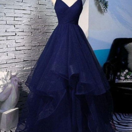 Charming Spaghetti Strps Navy Blue Prom Dress..
