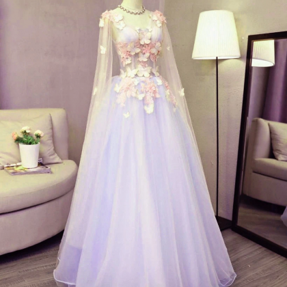 Lovely Tulle Lavender Long Formal Dress With Lace..