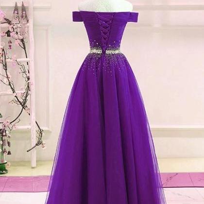 Tulle Off Shoulder Long Party Dress, Beaded A-line..