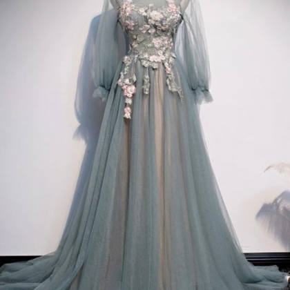 Long Sleeves Tulle Dresses with Appliqued Peacock
