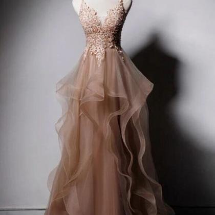 High Quality Tulle V-neclike Long Prom Dress, Lace..