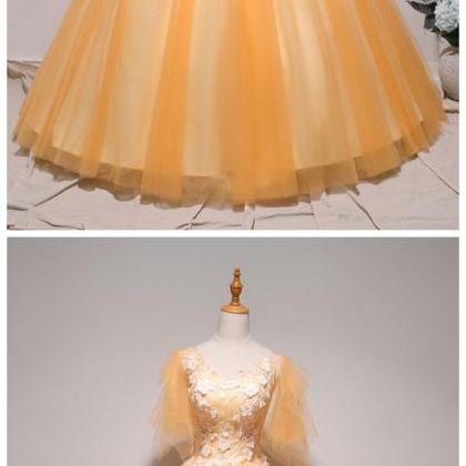 Yellow Tulle Lace Applique V Neck Long Formal Prom..