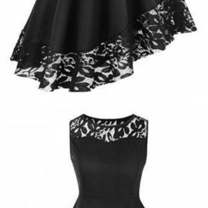 Lace Hem Round Neck Black A Line Dress
