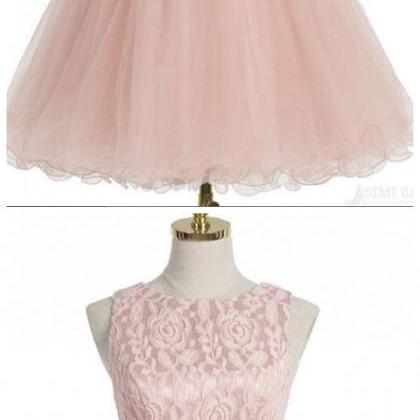 Cute Pink Organza Round Neck Lace A-line Short..