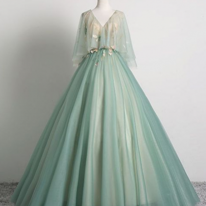 Elegant Sage Green Prom Dresses Ball Gown V-Neck Lace Flower 1/2 ...