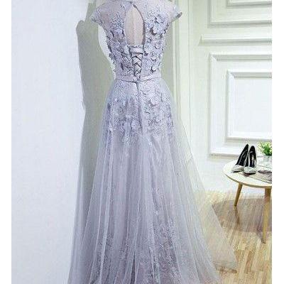 Gray Tulle Floor Length Cap Sleeves Lace Long..