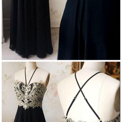 Black Chiffon Lace Long Prom Dress, Black Evening..