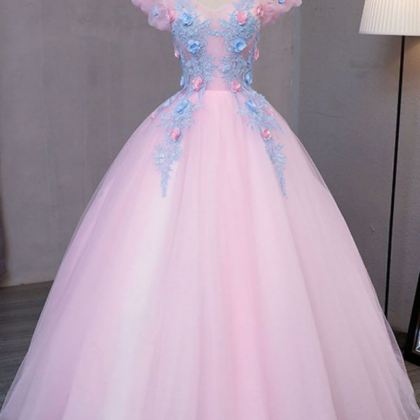 Special Pink Tulle V Neck Long Prom Gown With Blue..