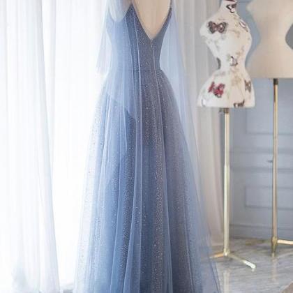 Blue Tulle Long Prom Dress, Blue Tulle Evening
