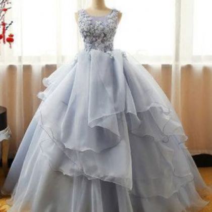 Gray Round Neck Lace Tulle Long Prom Dress, Ball..