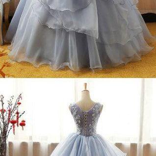Gray Round Neck Lace Tulle Long Prom Dress, Ball..