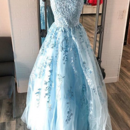 A Line Spaghetti Straps Appliques Prom Dress LBQ0636 main image 1