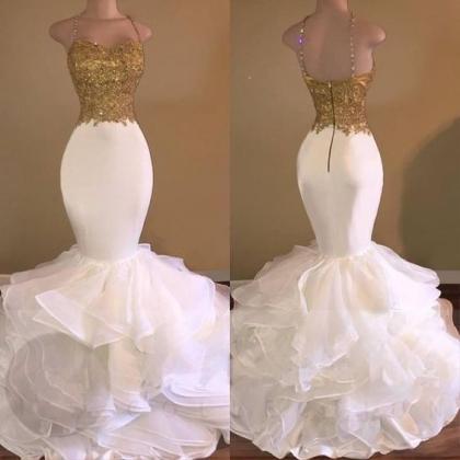White And Gold Mermaid Prom Dresses 2018 Organza..