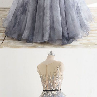 Gray Round Neck Tulle Long Prom Dress, Gray..