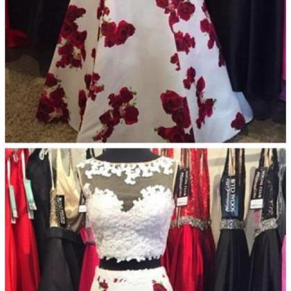 Two Piece Prom Dresses, Flower Prom Dress, Formal..