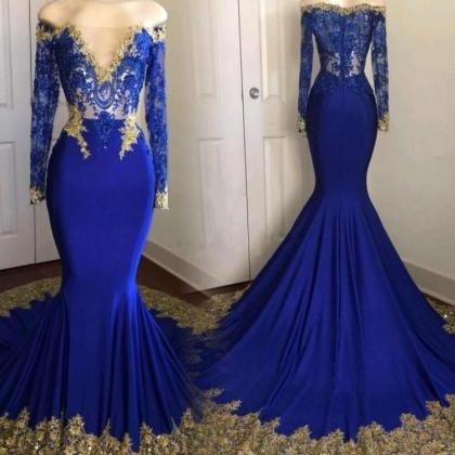 Royal Blue Long Sleeve Mermaid Prom Dresses Off..
