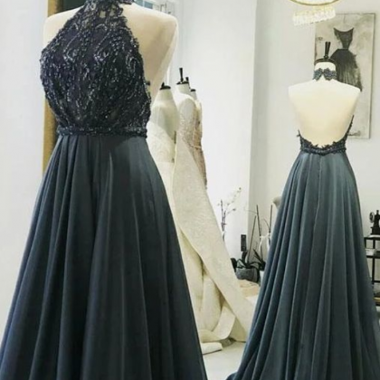 Grey Halter Lace Beaded Long Prom Dresses..