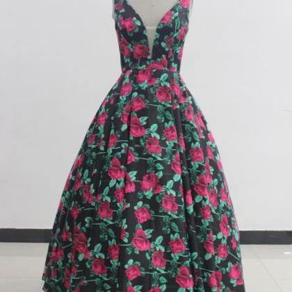 Floral Print Prom Dress V Neck Open Back..