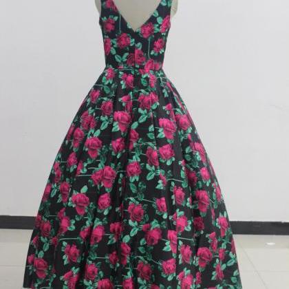 Floral Print Prom Dress V Neck Open Back..