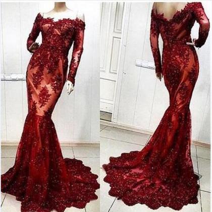 Dark Red Lace Mermaid Evening Dresses Robe De..