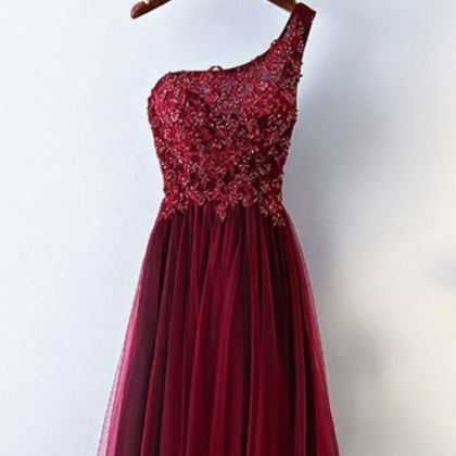 Burgundy One Shoulder Long Tulle Prom Party Dress