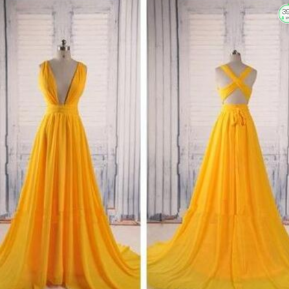 Simple Yellow A Line Chiffon Prom Dresses 2017..