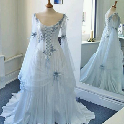 Vintage Celtic Wedding Dresses White And Pale Blue..