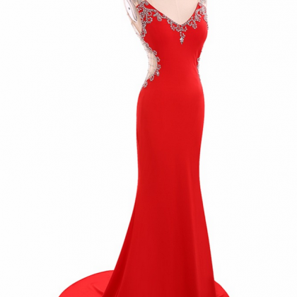 Fashion V Neck Mermaid Satin Lace Beaded Red Long..