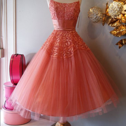 Vintage Prom Dress, Coral Prom Gowns, Lace..