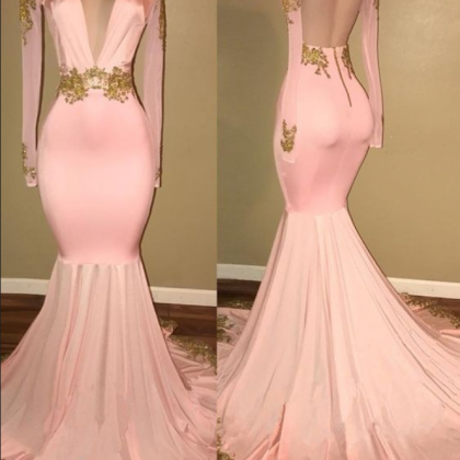 Charming Pink Long Prom Dress, Long Sleeves Party..