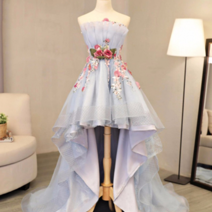 Sky Blue Tulle, Strapless, High Low ,flower..