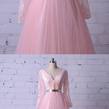 Pink Tulle ,v Neck ,sweep Train Evening Dress With..