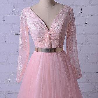 Pink Tulle ,v Neck ,sweep Train Evening Dress With..