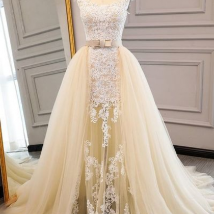 Champagne Tulle ,cap Sleeves Long ,lace A-line..
