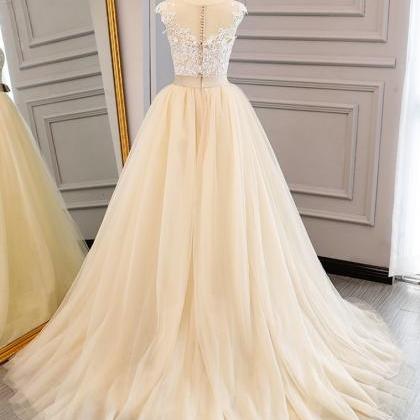 Champagne Tulle ,cap Sleeves Long ,lace A-line..