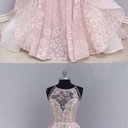 Pink Lace Backless Long Round Neck Customize..