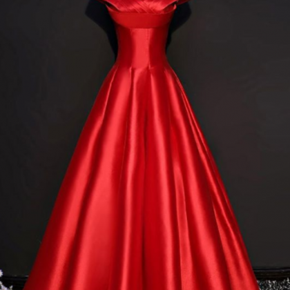 Simple Red Formal Satin Party Dress With Cap..