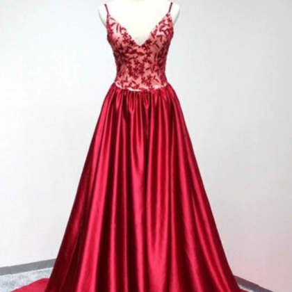 Red Satin V-neck A-line Long Formal Dress, Long..